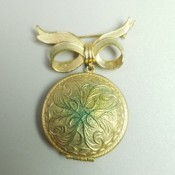 Vintage Round Gold Tone Locket Pendant with Bow Shape Brooch, Photo Estate - Picture 6 of 6